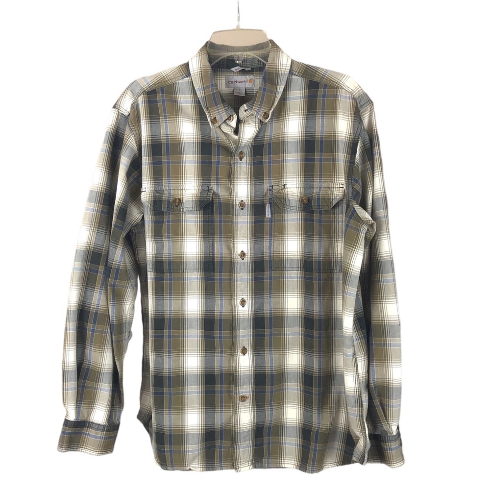Men's Carhartt Fort Plaid Chambray Army Green Button-Down shirt. Size Large.